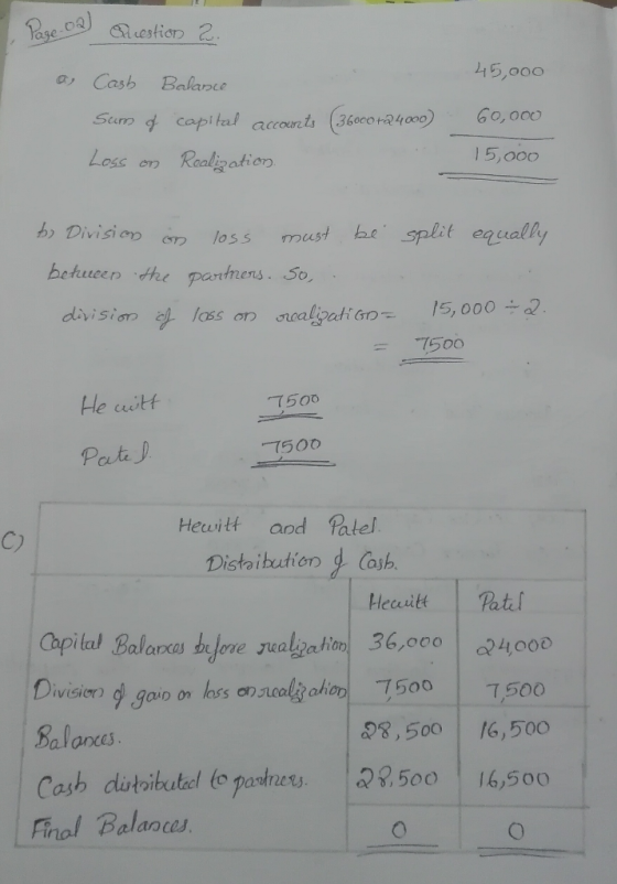 45,000 Page 02) Question 2 a Cash Balance Sum of capital accorto (36000+@4000) Loss on Roalization. 60,000 15,000 split equal