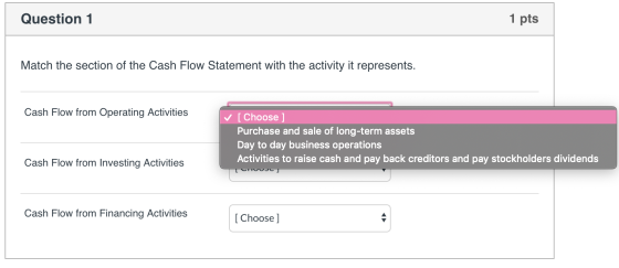 Question 1 1 pts Match the section of the Cash Flow Statement with the activity it represents. Cash Flow from Operating Activ