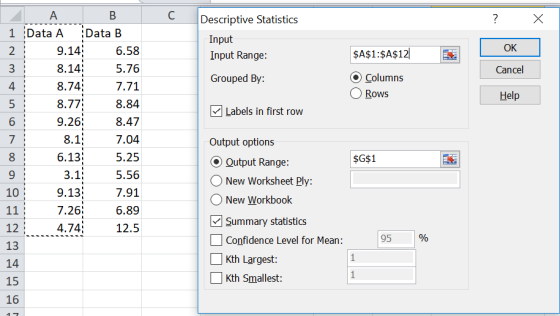 Descriptive Statistics 1 Data A ¡Data B 9.14! 8.14 8.74; 8.77 9.261 Input Input Range Grouped By OK Cancel Help 6.58 5.76 7.71 8.84 8.47 7.04 5.25 5.56 7.91 6.89 12.5 3 4 5 $A$1:$A$12 Columns Rows Labels in first row Output options 6.13 3.1 9.13 7.26 4.74; $G$1 Output Range New Worksheet Ply 9 10 ONew Workbook 12 13 14 15 16 Summary statistics Confidence Level for Mean: Kth Largest: Kth Smallest: 95