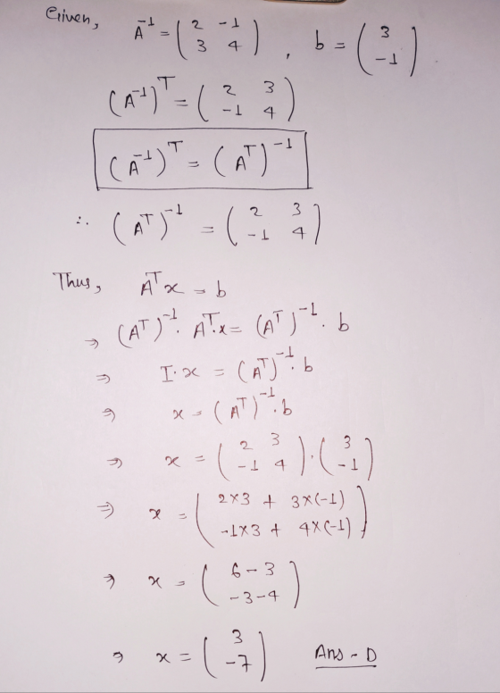 eiver, At - 1 3 - 2 ) , b= (3) Ā [ CA+) = (AT) Thus, toob (AT)». ATX = (ATJ?. b - Ix = (Atb 9 set (AT) 76 3 0 | 2x3 + 3x(-1)