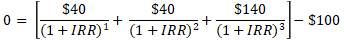 $40 0 = $40 $140 |(1 + IRR)1 + (1 + IRR)2 + (1+1RR)*|-