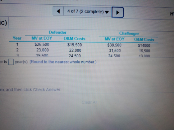 4 of 7 (2 complete) HT ic) Defender Challenger Year MV at EOY 0&M Costs 0&M Costs MV at EOY 1 $26,500 $19,500 $38,500 $14000