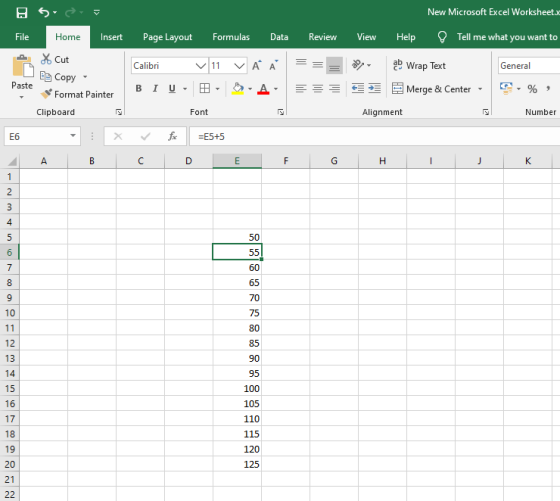 S New Microsoft Excel Worksheet.xc File Home Insert Page Layout Formulas Data Review View Help Tell me what you want to Cut Е