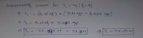 Substituting values values in E T = M, Cg-a) » T (5.SOKS) x ( 9.81 m - 2.525 m) 7) T, = 5.10 kg x 7.285 mys? 37. 1535 N - 37.