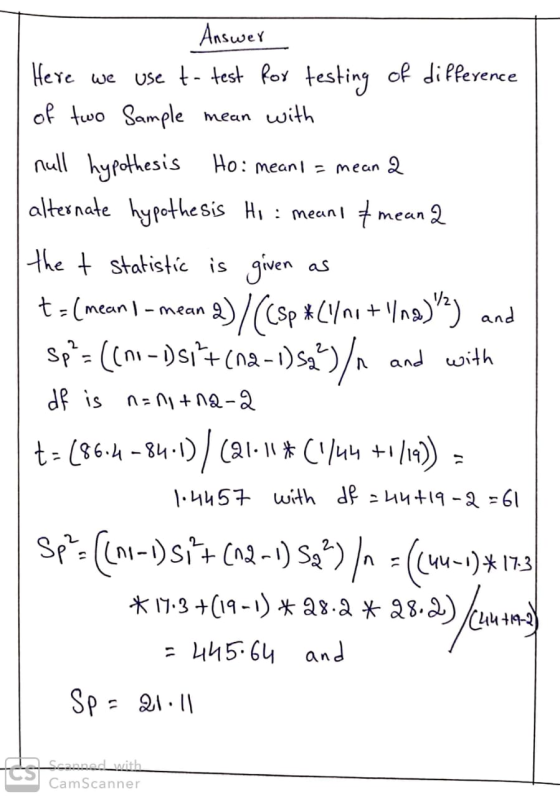 Answer Here we use t- test for testing of difference of two Sample mean with null hypothesis Ho: meant = mean 2 alternate hyp