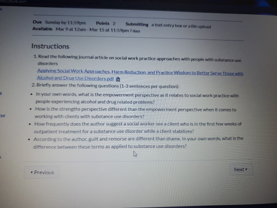 Due Sunday by 11:59pm Points 2 Submitting a text entry box or a file upload Available Mar 9 at 12am - Mar 15 at 11:59pm 7 day