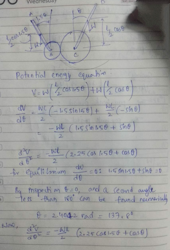 Wednesda Sun Du A 111.50 W ya caso coseso B Potential energy equation V=W/Z cost 50 tw WI (-1,5560 156) + Wt. (- sene do - We