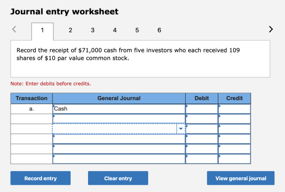 Journal entry worksheet 1 2 3 4 5 6 Record the receipt of $71,000 cash from five investors who each received 109 shares of $1
