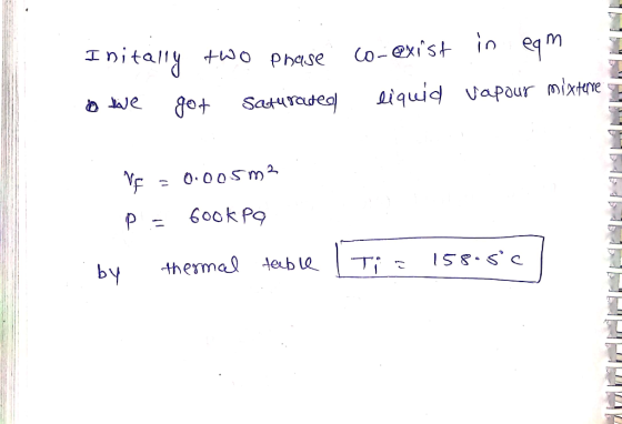 Initally two phase o we got saturated co-exist in eqm liquid vapour mixterne VE = 0.005m2 p = book pa . by thermal teeble I T