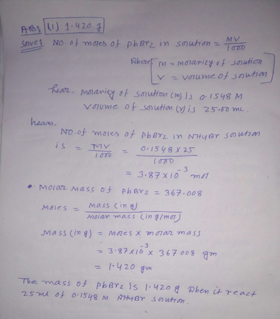 A ) 1.426 月here -M-M07 νのuw) e of so ution (N) İS 25.nmL. hears 下1V 68 00151/ 8 X 25 3 .. Molan Massot phBT2= 367.008 mdies m