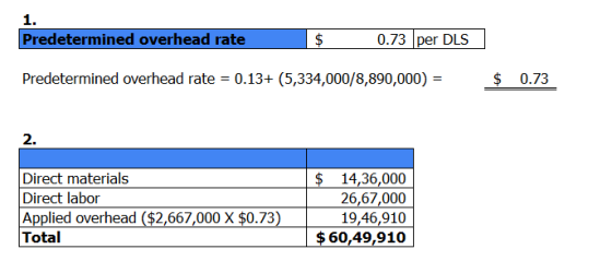 Predetermined overhead rate 0.73 per DLS Predetermined overhead rate = 0.13+ (5,334,000/8,890,000) = $ 0.73 Direct materials