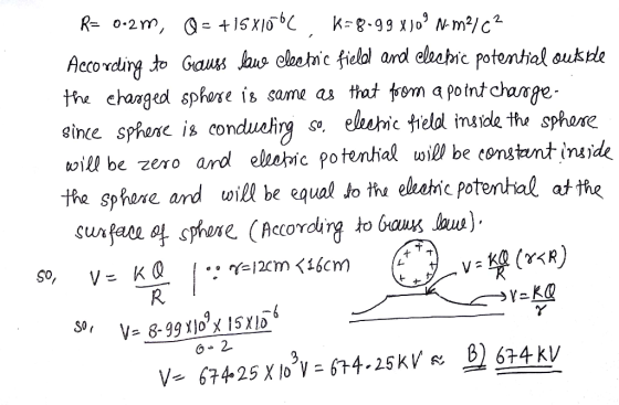 R= 0.2m, Q = +15X106C k=8.99 X 109 Nm2/C? According to Gauss lave cleatic field and elechic potential outside the charged sph