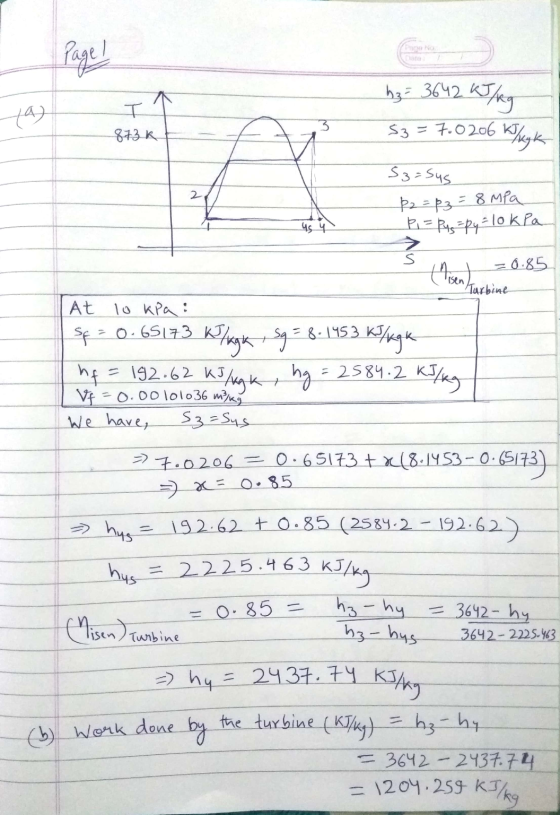Fra No Page 1 ta) T 873 k. h₂ = 3642 KJ ling Khayk 3 S3 = 7.0 206 S3=Sus 2 P2 = P3 = 8 MPa Чs Ч P = P4 = py=1 = 10kpa S (Mise