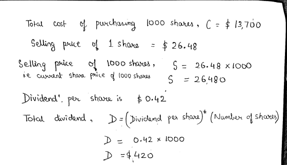 Total cost of purchasing 1000 shares, C = $ 13,700 Selling price of 1 share - $26.48 Selling price of 1000 shares, S = 26.48