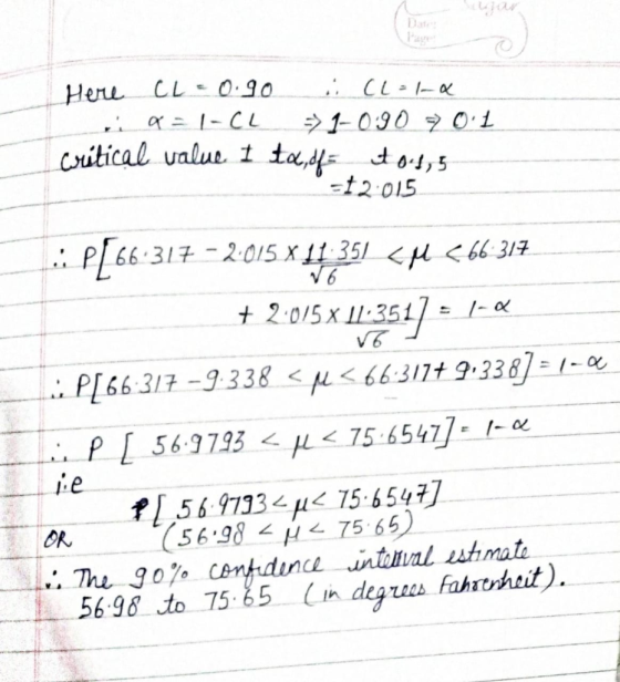 0.1 Here CL = 0.90 . CL=1-a a = 1-CL => 1-0.90 critical value i ta, df = t o4,5 =62.015 76 V6 .: P[66-317 -2015 X 351 <H <66