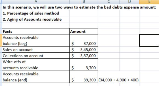 In this scenario, we will use two ways to estimate the bad debts expense amount 1. Percentage of sales method 2. Aging of Acc