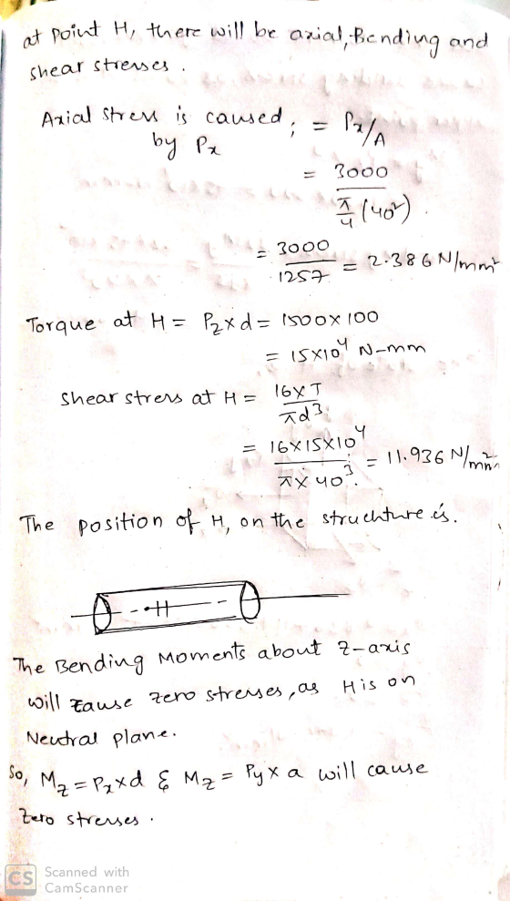 at point H, there will be arial, Bending and shear stresses. L Axial stress is caused .by Pa = 3000 2.3000 are = 2.38 6 N/mnt