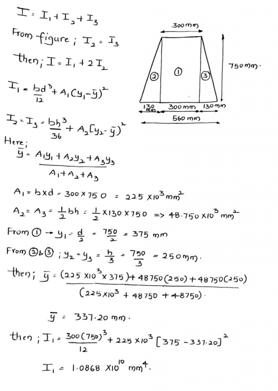300mm I: I, + I + I3 From figure ; I- Is then; I-I, +2 I Ii - bd + A, CY,-5) 750mm 12 300mm 130mm In - Iz - bh? 560 mm - 5* +