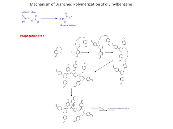 Mechanism of Branched Polymerization of divinylbenzene Initiation step Ph Ph Rdaical initiator Propagation step Propogation o