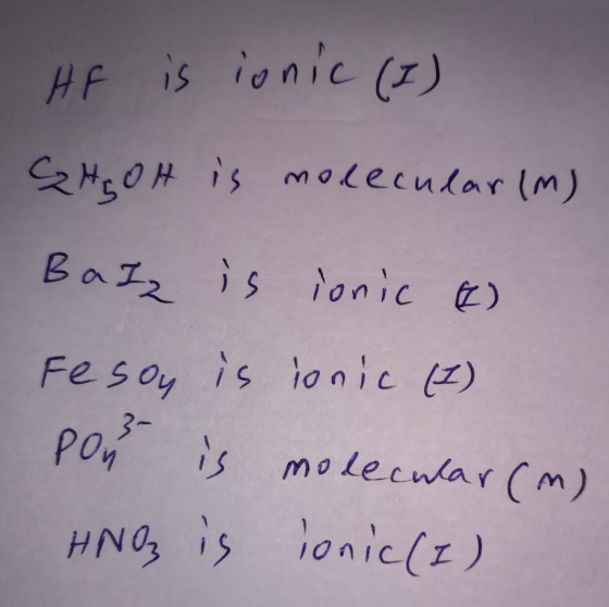 He is ionic (7) GHEOH is molecular (m) Balz is ionic ) Fe soy is ionic (7) pon is molecular (m) HNO3 is ionic (I)