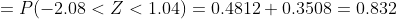 =P(-2.08<Z<1.04)=0.4812+0.3508 =0.832