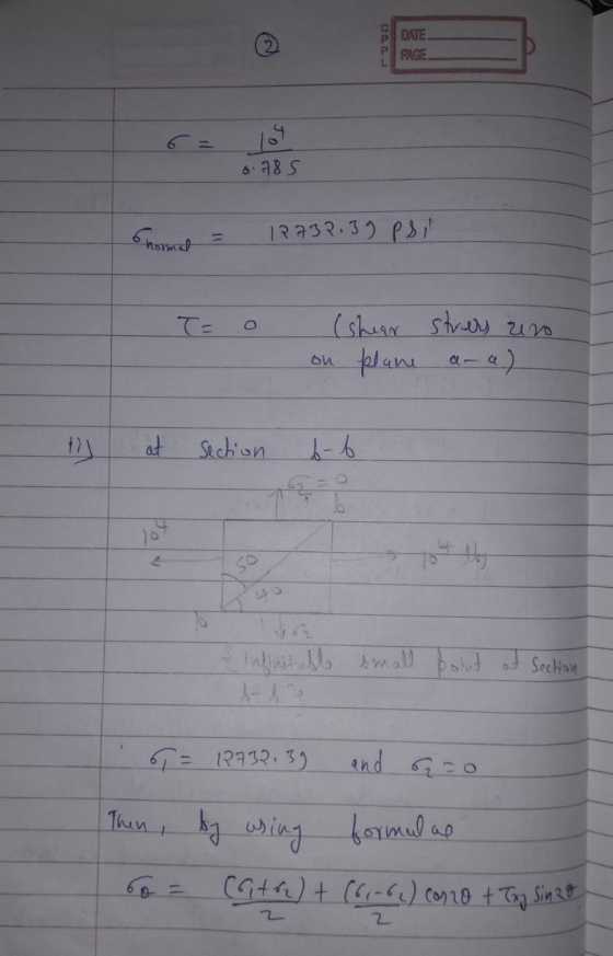 DATE PAGE 6.785 Chama 12238.39 Pbil T= o (shear on plane stress uro ara) at section b-b o & infinitable small bolunt aut Sect