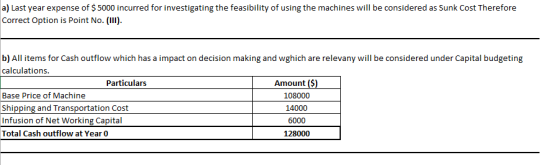 a) Last year expense of $ 5000 incurred for investigating the feasibility of using the machines will be considered as Sunk Co