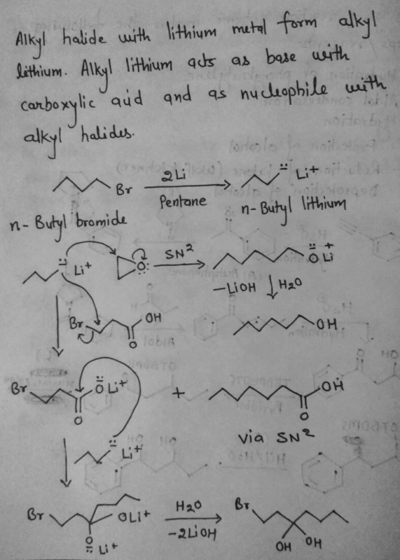 Alkyl halide uith lthim mul form alky Lithium. Aky lithium quds as bee with conboxylic aud and as nu duophile it alkyl halids