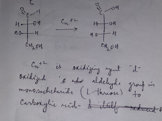 o4 1 го ном иони cu on инои иони си, ри Cath is oxidizing agent it oxidized & edo aldehyde group in monosachcharide (L-throse