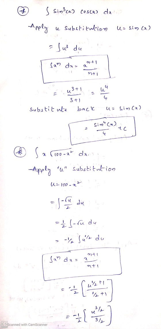 @ S simbcam coscas da Cosca Apply u substitution u= sin(a) alus du sam da a nti Eu3t! au 3+1 substitute back u= sin(a) Sim Ca