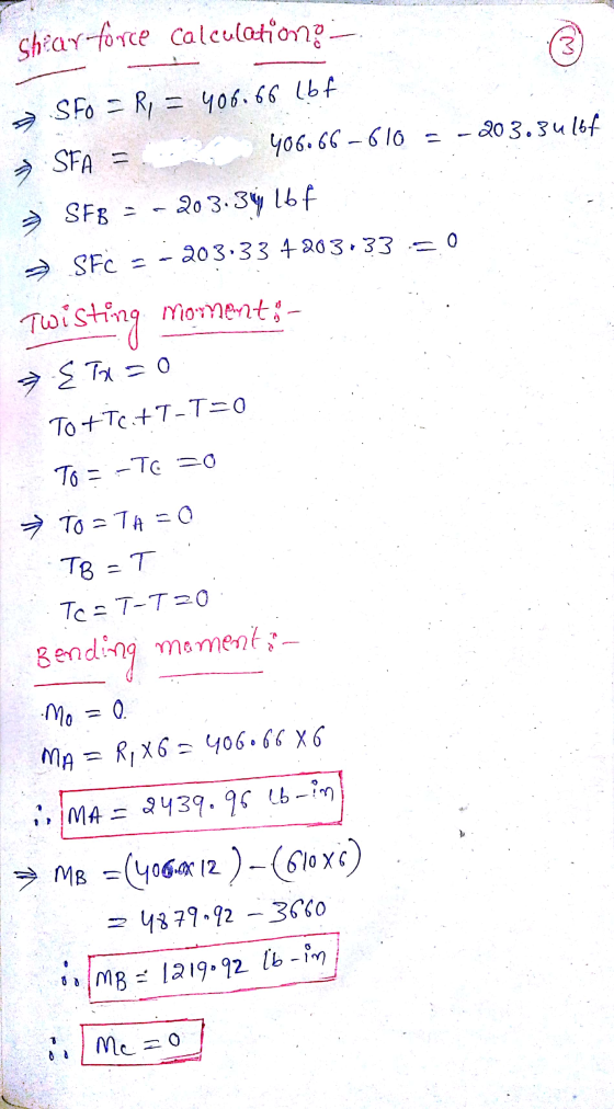 Shear force calculations - 3) SFO = R = 406.66 lbf - 203.341bf 406.66 - 610 - SFA = SFB = 203.34 lbf SFc = 203,33 7203.33 50