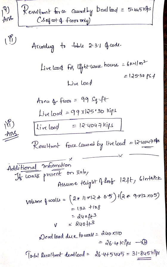 9). Resultant for ce caused by bead load = 50 445 kifs Csey cot of feos only) Ans つつ Accordug to table 2:31 of code. Live lov