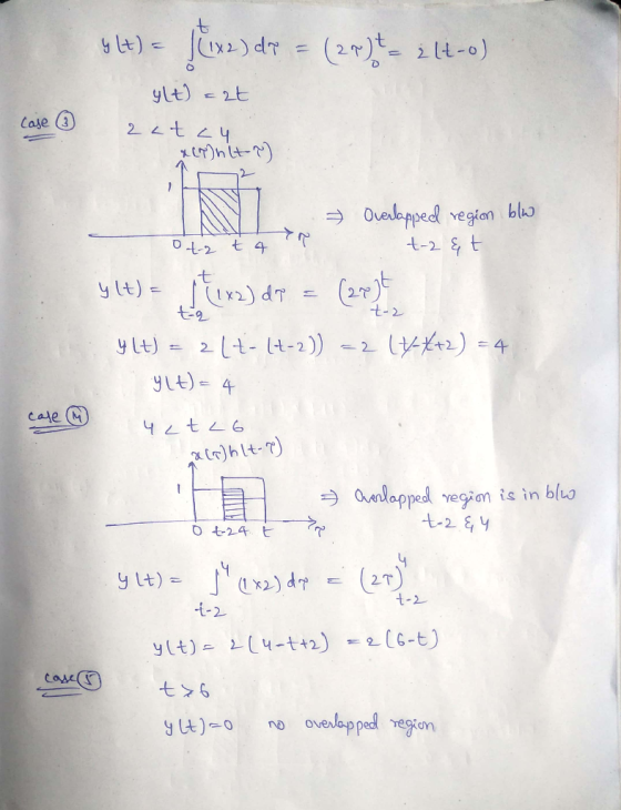 y(t) = (1x2) dr = (29)!= ¿ 14-0) ylt) cat Case ③ zat cu & (7) n(tn) - 7 Overlapped region blo IR ot-2 ta +-2&t y lt) - Pix2)