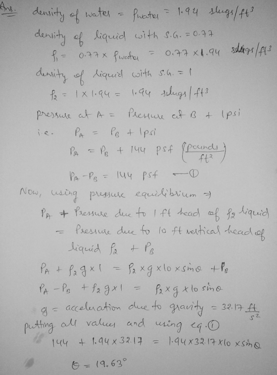 me density of water afwater = 1.94 slugs/ft? density of liquid with S. G. = 0.77 - 0.77x Sweater = 0.77x1.94 schlags / f13 de