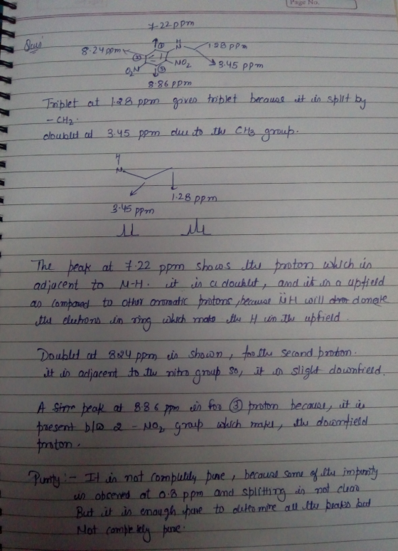+22 ppm 8.24 ppm 1.28 ppm L NO2 ON 10 3.45ppm 8.86 ppm Triplet at 1:28 ppm gives triplet because it is split by - CH2. double