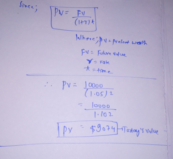 IPN = FVT (1+y)+ kalhere, p ve present worth Fra Future value r=rate t=tione :. Pv= 10000 (1.052 = 10000 1.102 [py - $9074) -
