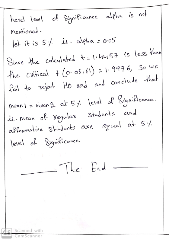 herel level of significance alpha is not mentioned. let it is 5% il. alpha = 0005 | Since the calculated t=1.4457 is less tha