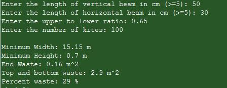 Enter the length of vertical beam in cm (>=5) : 50 Enter the length of horizontal beam in cm (5) 30 Enter the upper to lower