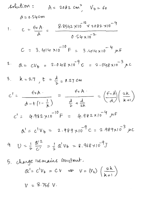 solution : A = 2082 cm² VG = 60 d=0.54cm I co to A 8.8542x10?x2082 410-4 a ł - 0.540102 C = 3.414 X10 F = 3.414x10 . MF to A