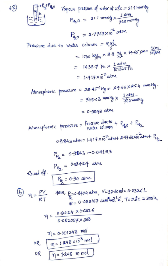 alut Piho Vapour Pressure of water at 23C = 21.1 mmHg PHbO = 21.1 month x 760 mong 1 atm Porto = 2.7763x16atm Pressure due to