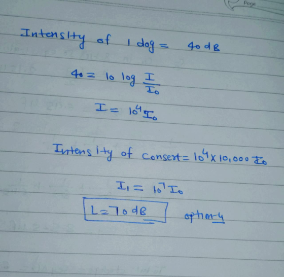 Page Intensity of I dog = 40 dB 402 lo log 7 104 Io I= Intensity of Consert = 104 x 10,000 to I = tot Is LaTodB optim-y