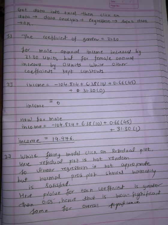 1 Dato: Page No.: Got data dota into exiel data analysis then click Regression on 20K Regression - Select data The coefficoru