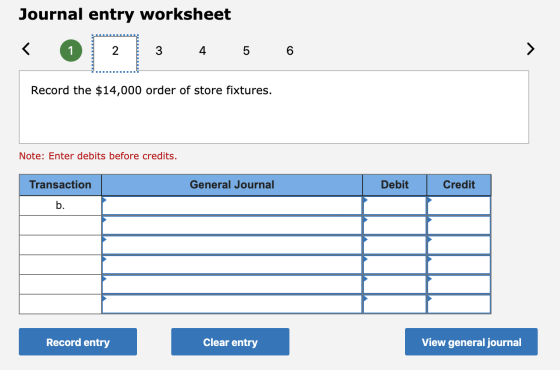 Journal entry worksheet < 0 1 2 3 4 5 6 Record the $14,000 order of store fixtures. Note: Enter debits before credits. Transa