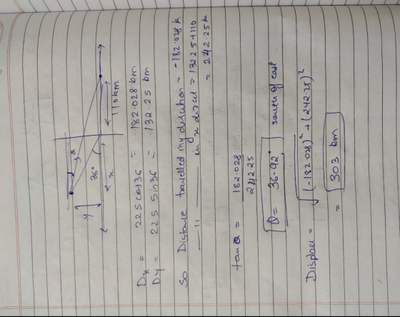 36 4 24 Tlokm. Dx 22 5 cos36 225 Sin 36 182-028 km 132.25 km DY So Distance travelled iny disution. - 182.028k in se dircet a