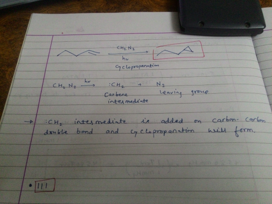 CH2 N2 hu Cyclopropanation CH₂ N₂ CH₂ + Carbene intes mediate N2 bearing group CH, intermediate double band and is added on c