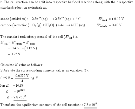 b. The cell reaction can be split into respective half-cell reactions along with their respective standard reduction potentia
