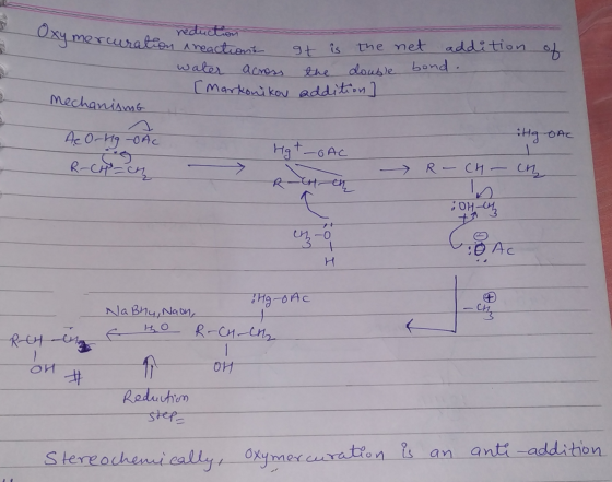 Oxy mercuration reactions reduction iration reactions at it the net addition water across the double bond. markonikov additio