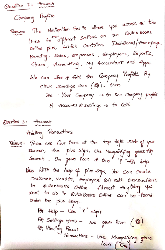 Question 2: Answer Company Profile The Narvigeton access a the Bar s hhere you Reason: Quick Books to different Sections on