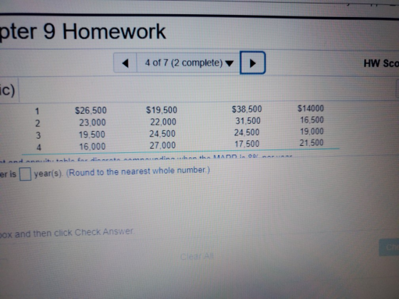 pter 9 Homewo rk 4 of 7 (2 complete) HW Sco ic) $14000 $38,500 $19,500 $26,500 1 16,500 31,500 22,000 23,000 2 19,000 24,500