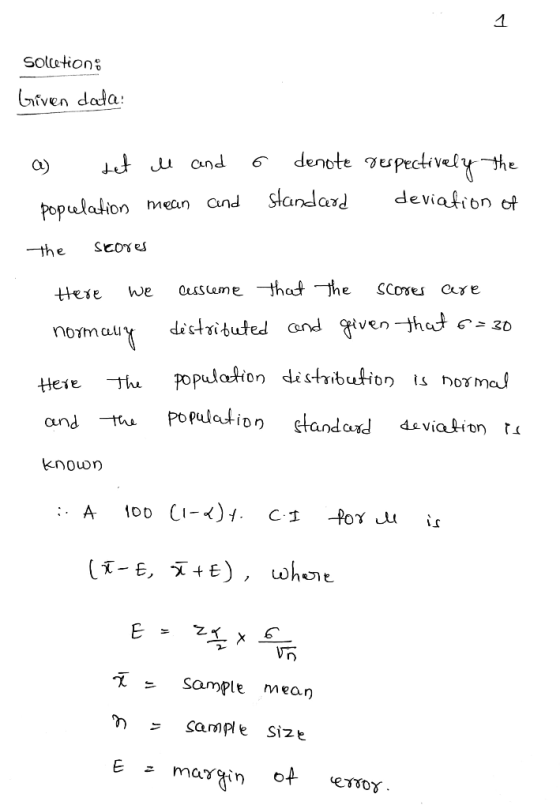 1 Solcetion: Given data: a) tet u and 6 Jenetz Jupestively the standard deviation of and population mean the Scores Here We S